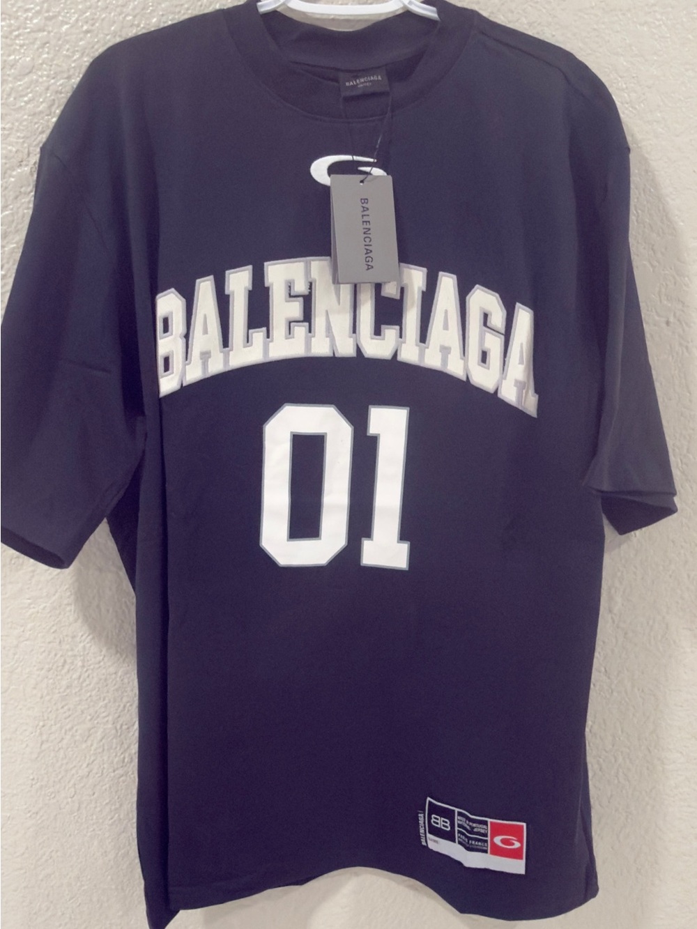 Balenciaga Black Tee with White Collegiate Logo and '01'large oversized like XL